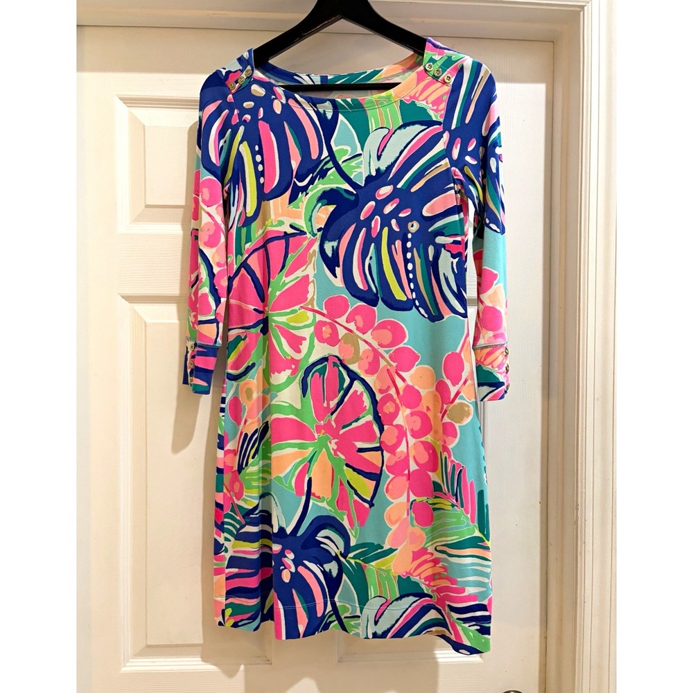 Lilly Pulitzer Multicolor Floral Knit Shift Dress Stretch Women's XS 3/4